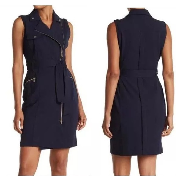 Calvin Klein Sheath Moto Dress Full Zip with Belt Dark Navy Sleveles - Picture 2 of 8